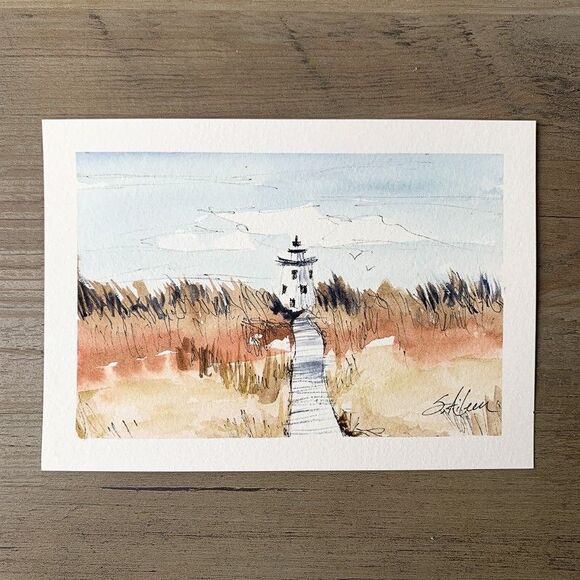 Original Watercolor + Ink New England Lighthouse Seascape HIGH NOON Signed 5x7 - Picture 2 of 4